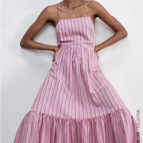 💗SALE💗 Zara Pink Striped Strappy Maxi Poplin Dress - Picture 1 of 17